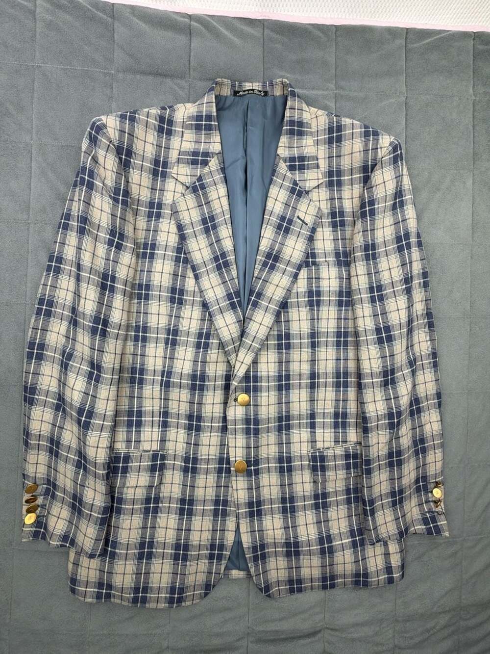 Valentino Uomo Sport Coat Blazer Size 41R Blue Plaid Linen Flax